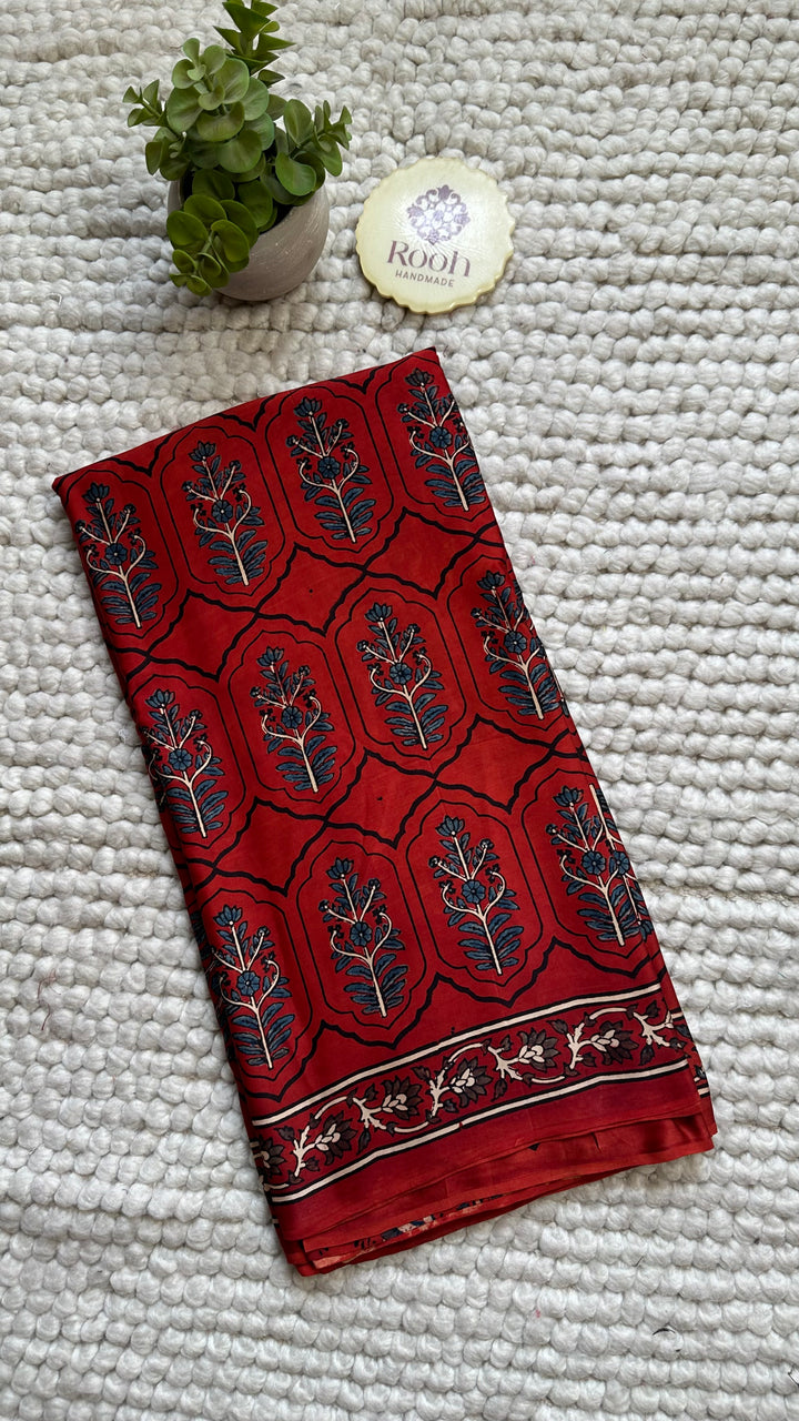 JHAROKHA- MADDER RED AJRAKH HAND BLOCK PRINTED PREMIUM MODAL SILK SAREE