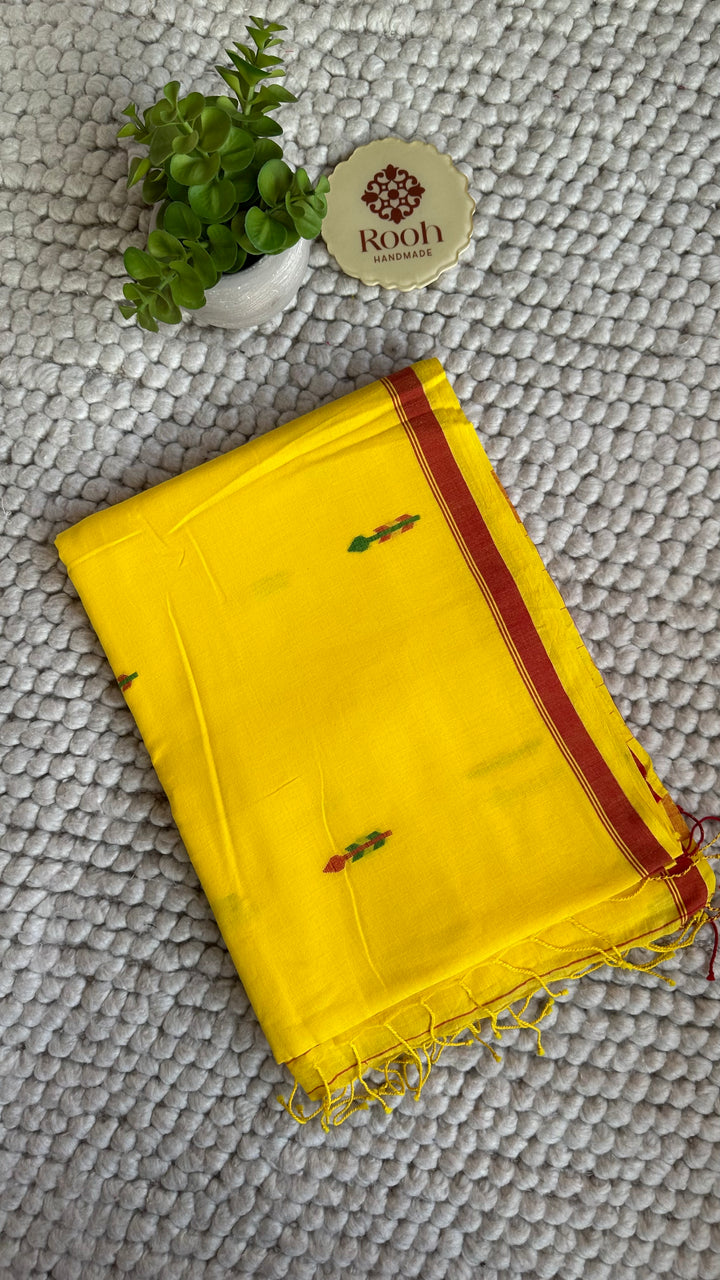 PREMIUM NEEDLE WORK JAMDANI HANDWOVEN AND HANDSPUN COTTON SAREE - MUSTARD YELLOW
