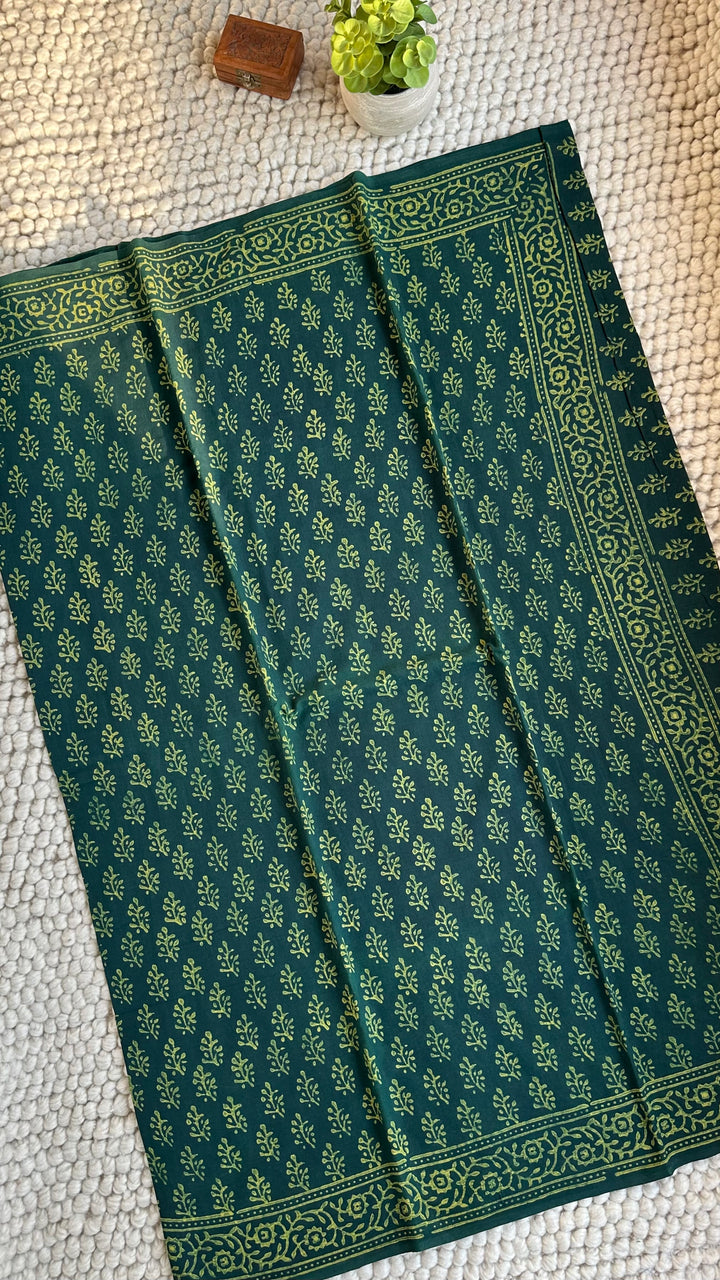 AKOLA INDIGO GREEN HAND BLOCK DABU PRINTED SOFT MULMUL COTTON SAREE- 033