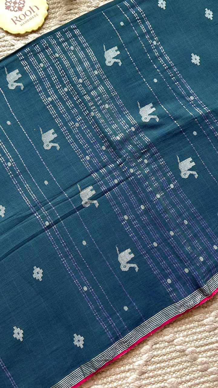 PREMIUM JAMDANI WEAVE HANDWOVEN AND HANDSPUN COTTON SAREE - PEACOCK BLUE