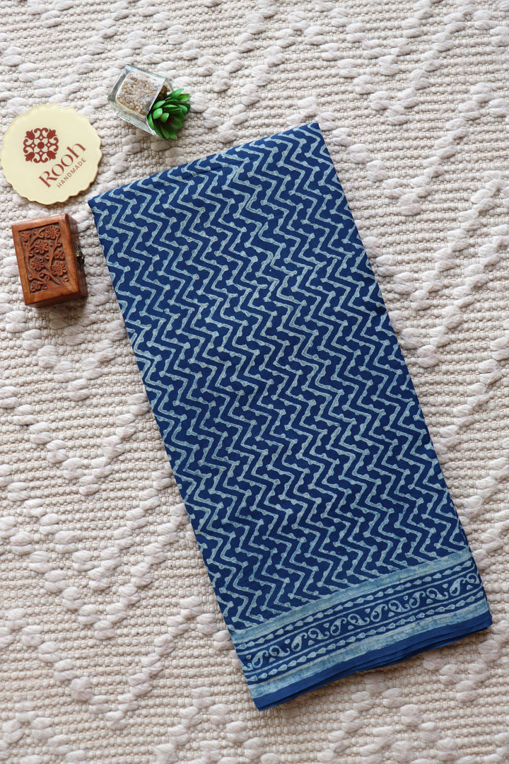 AKOLA INDIGO HAND BLOCK DABU PRINTED SOFT MULMUL COTTON SAREE- 023