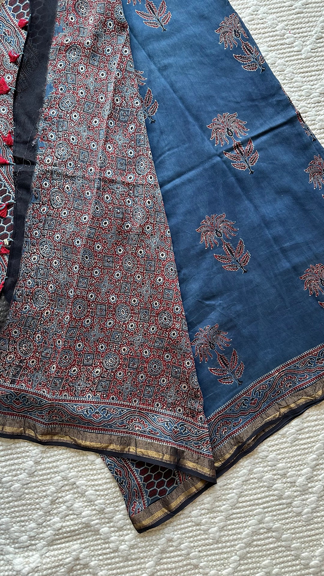 INDIGO BLOSSOMS - AJRAKH HAND BLOCK PRINTED SILK COTTON SAREE