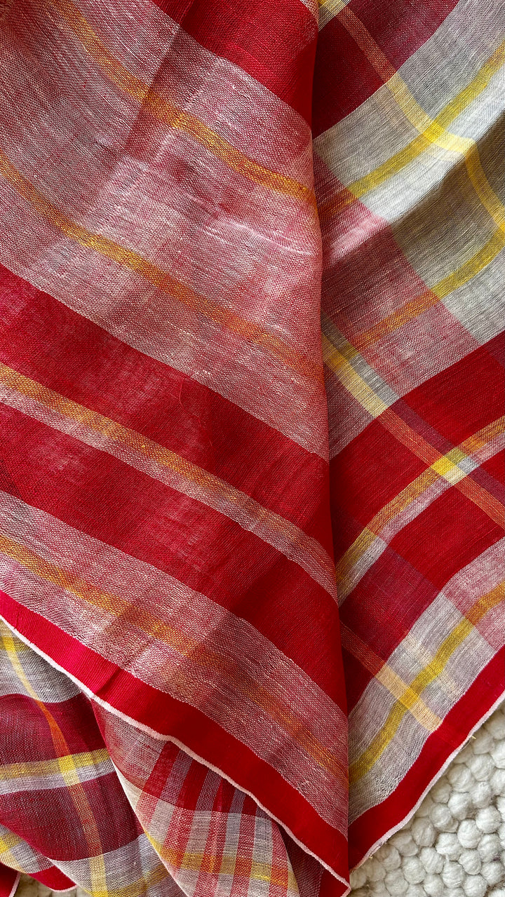 Multi Colour Checked Pure Handwoven Linen Saree - 003