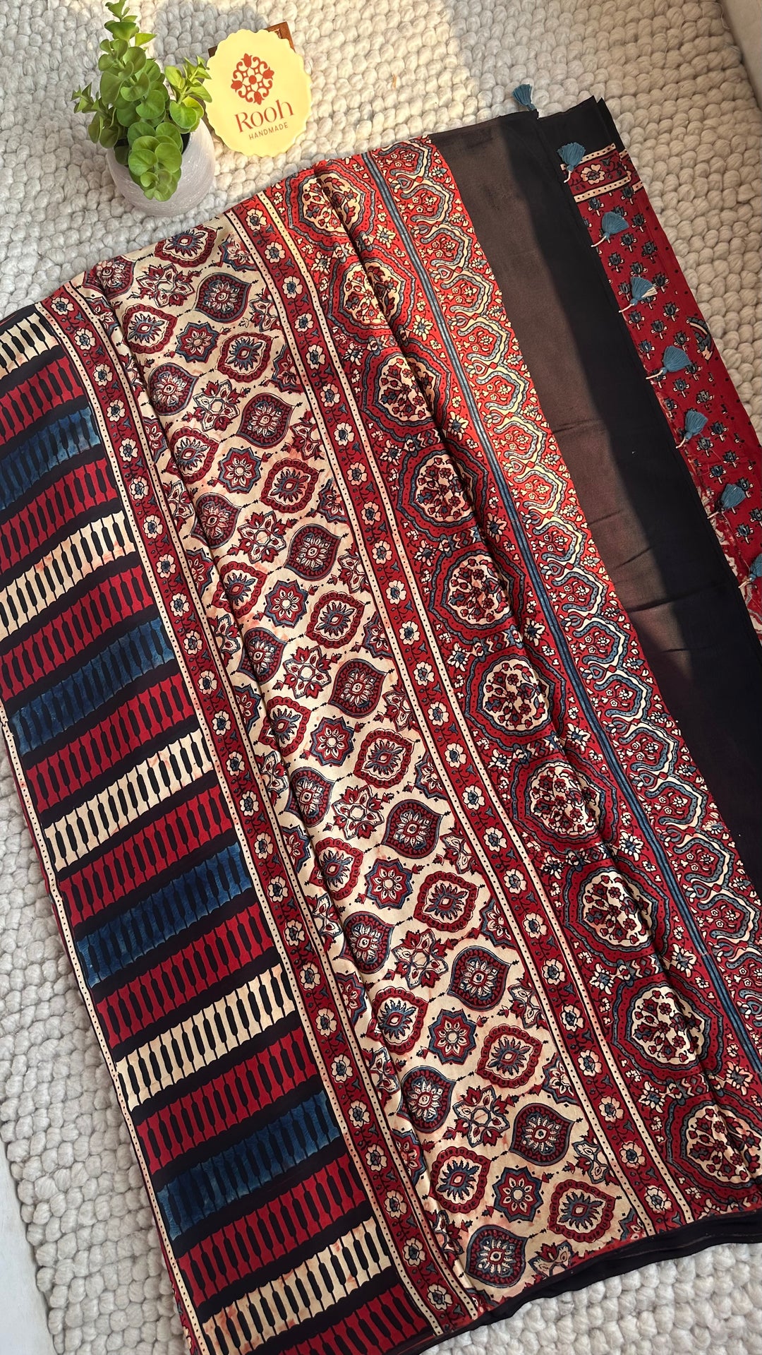 MADDER RED BLOOMS - PREMIUM HALF AND HALF AJRAKH HAND BLOCK PRINTED PREMIUM MODAL SILK SAREE