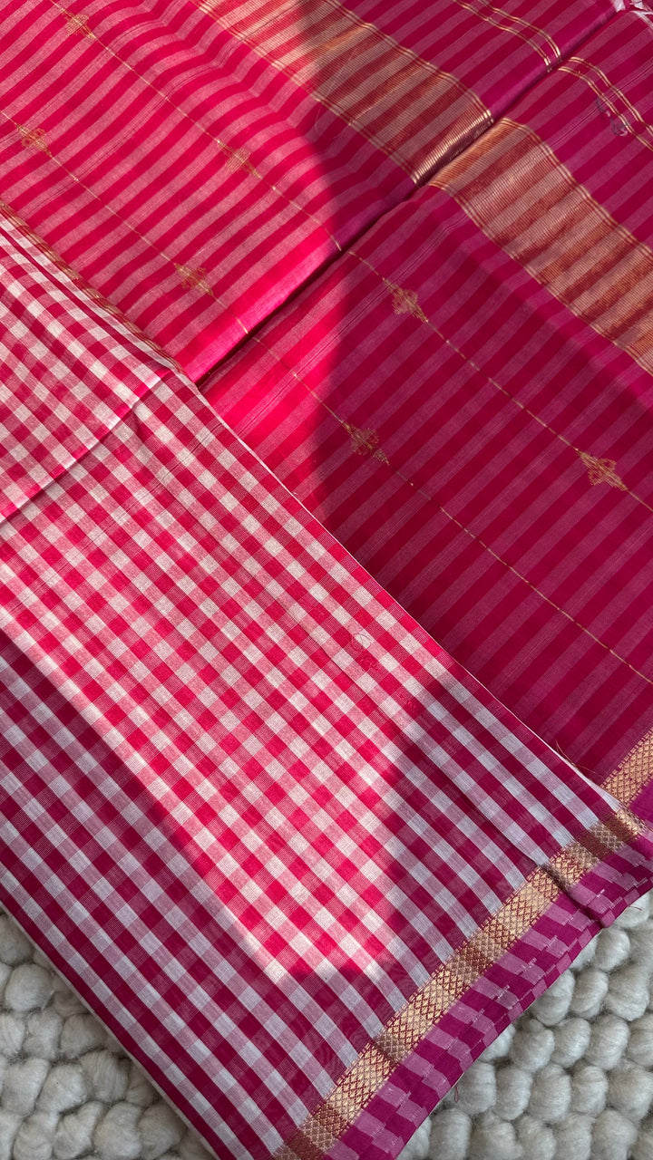 RANI PINK CHECKS - PREMIUM HANDWOVEN MAHESHWARI SILK BY COTTON SAREE (DISPATCH TIME IS 15-20 DAYS)