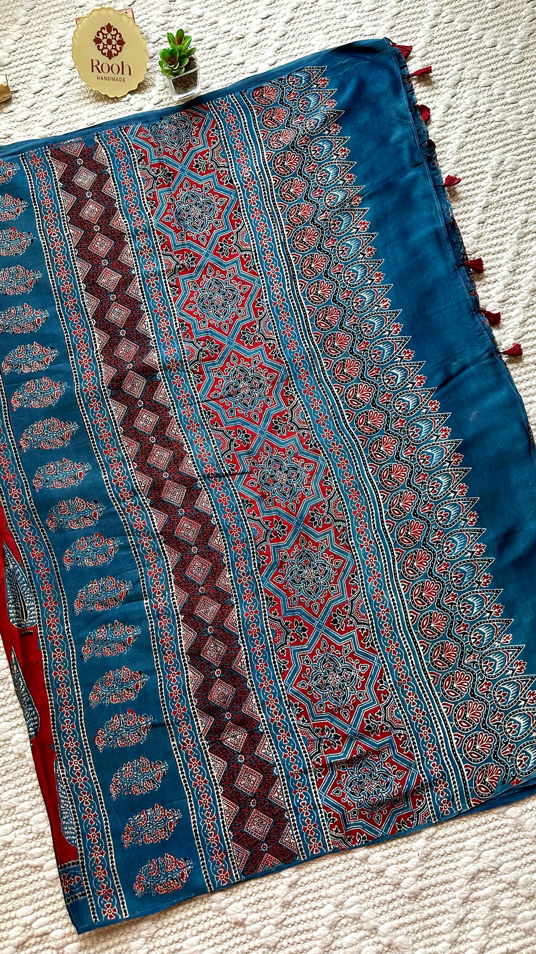 MADDER PINES - SUPER PREMIUM & BUTTERY SOFT AJRAKH HAND BLOCK PRINTED MODAL SILK SAREE (DISPATCH TIME - 7 TO 10 DAYS)