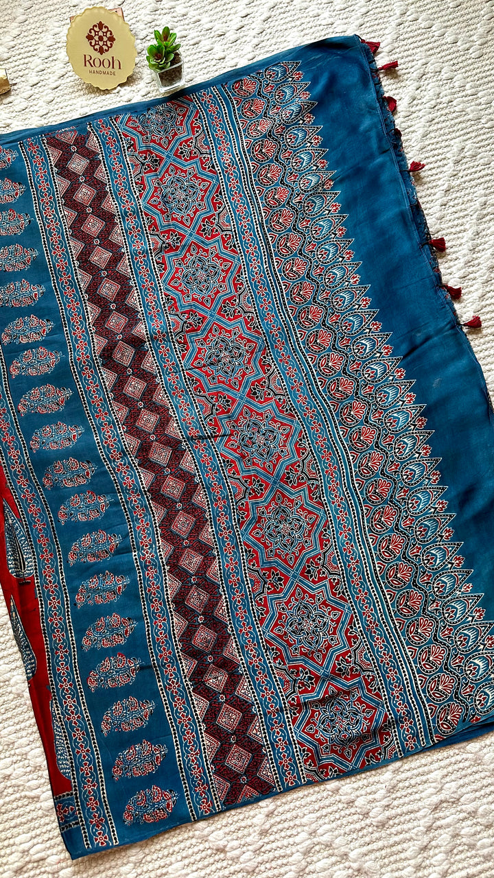 MADDER PINES - SUPER PREMIUM & BUTTERY SOFT AJRAKH HAND BLOCK PRINTED MODAL SILK SAREE (DISPATCH TIME - 7 TO 10 DAYS)