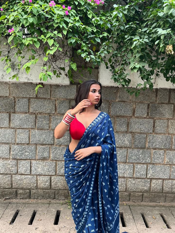 AKOLA INDIGO HAND BLOCK DABU PRINTED SOFT MULMUL COTTON SAREE- 006