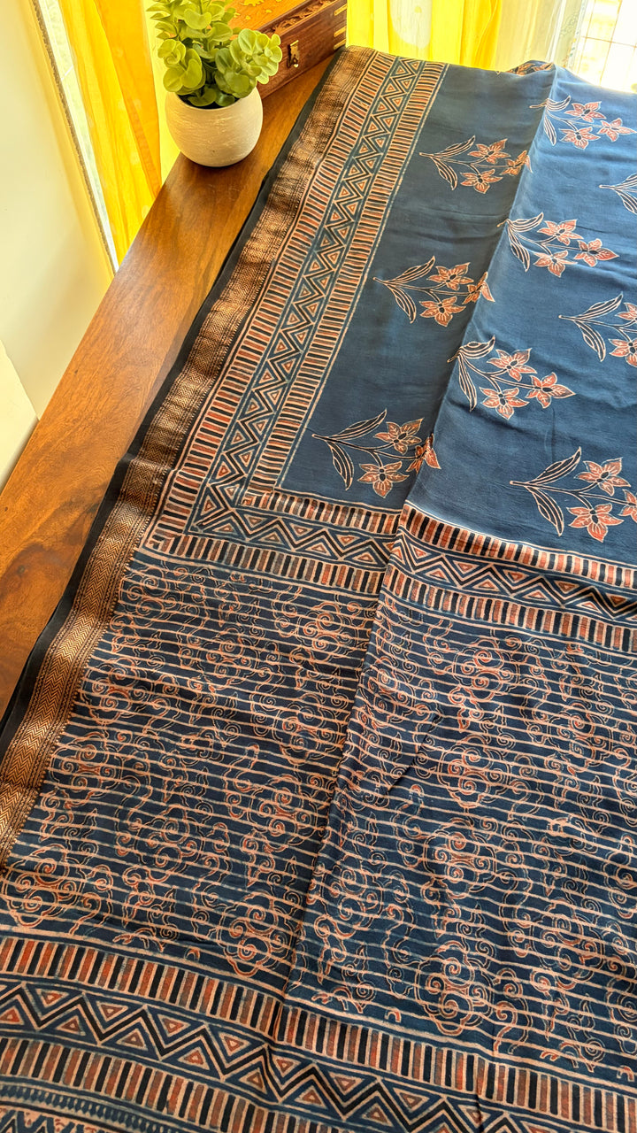 AJRAKH HAND BLOCK PRINTED MAHESHWARI SILK COTTON SAREE - 04