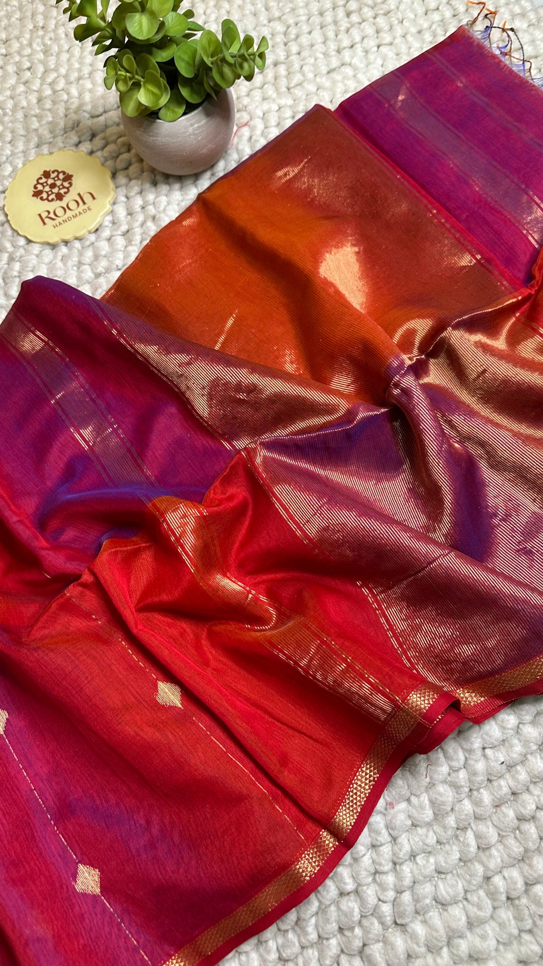 PURPLE & ORANGE DUAL TONE- PREMIUM HANDWOVEN MAHESHWARI SILK BY COTTON SAREE (DISPATCH TIME IS 15-20 DAYS)