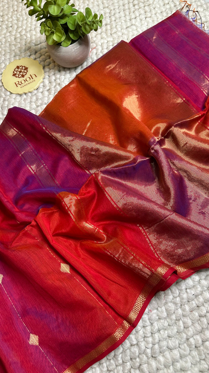PURPLE & ORANGE DUAL TONE- PREMIUM HANDWOVEN MAHESHWARI SILK BY COTTON SAREE (DISPATCH TIME IS 15-20 DAYS)