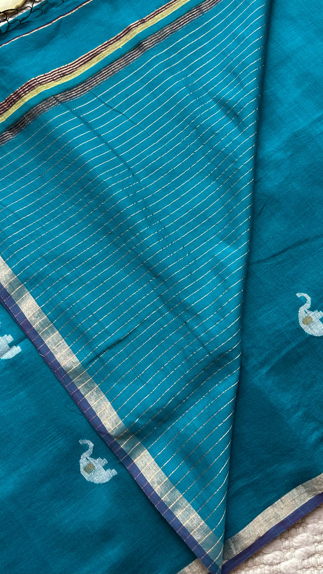 PREMIUM JAMDANI WEAVE HANDWOVEN PURE SILK BY PURE COTTON SAREE - TEAL BLUE