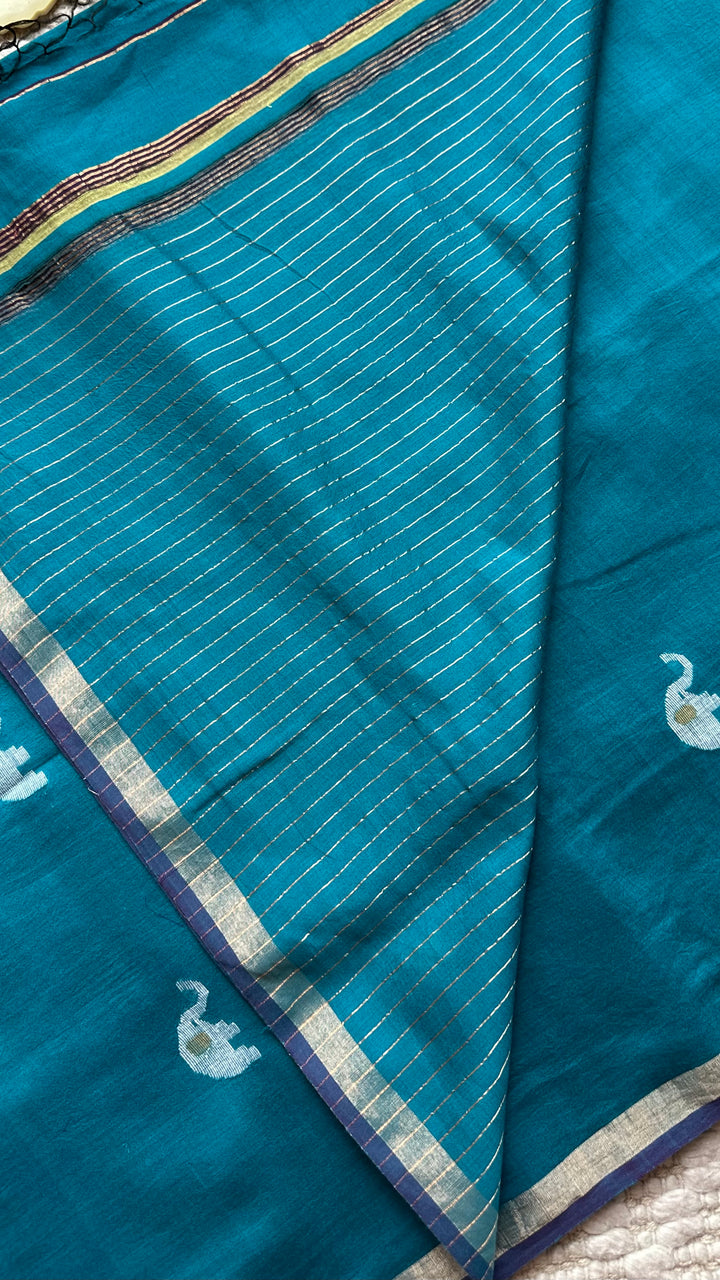 PREMIUM JAMDANI WEAVE HANDWOVEN PURE SILK BY PURE COTTON SAREE - TEAL BLUE