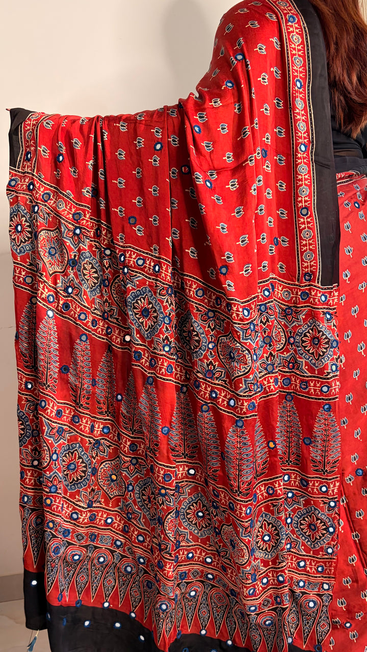 NOOR- AJRAKH MADDER RED HAND BLOCK PRINTED PREMIUM MODAL SILK SAREE WITH MIRROR HAND-EMBROIDERY (ONLY AVAILABLE ON PRE-ORDER - DISPATCH TIME IS 20-25 DAYS)