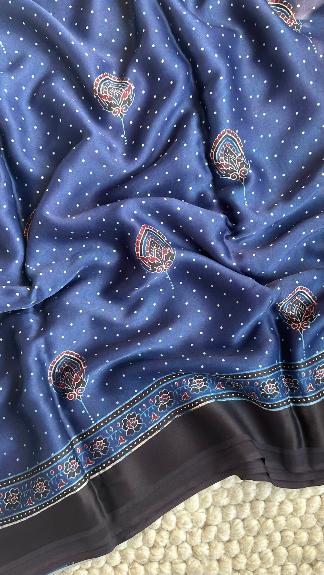 INDIGO BLOOMS - PREMIUM HALF AND HALF AJRAKH HAND BLOCK PRINTED PREMIUM MODAL SILK SAREE