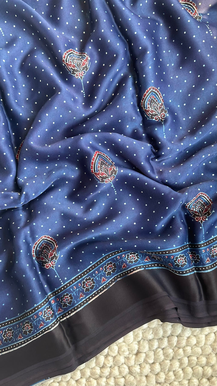 INDIGO BLOOMS - PREMIUM HALF AND HALF AJRAKH HAND BLOCK PRINTED PREMIUM MODAL SILK SAREE