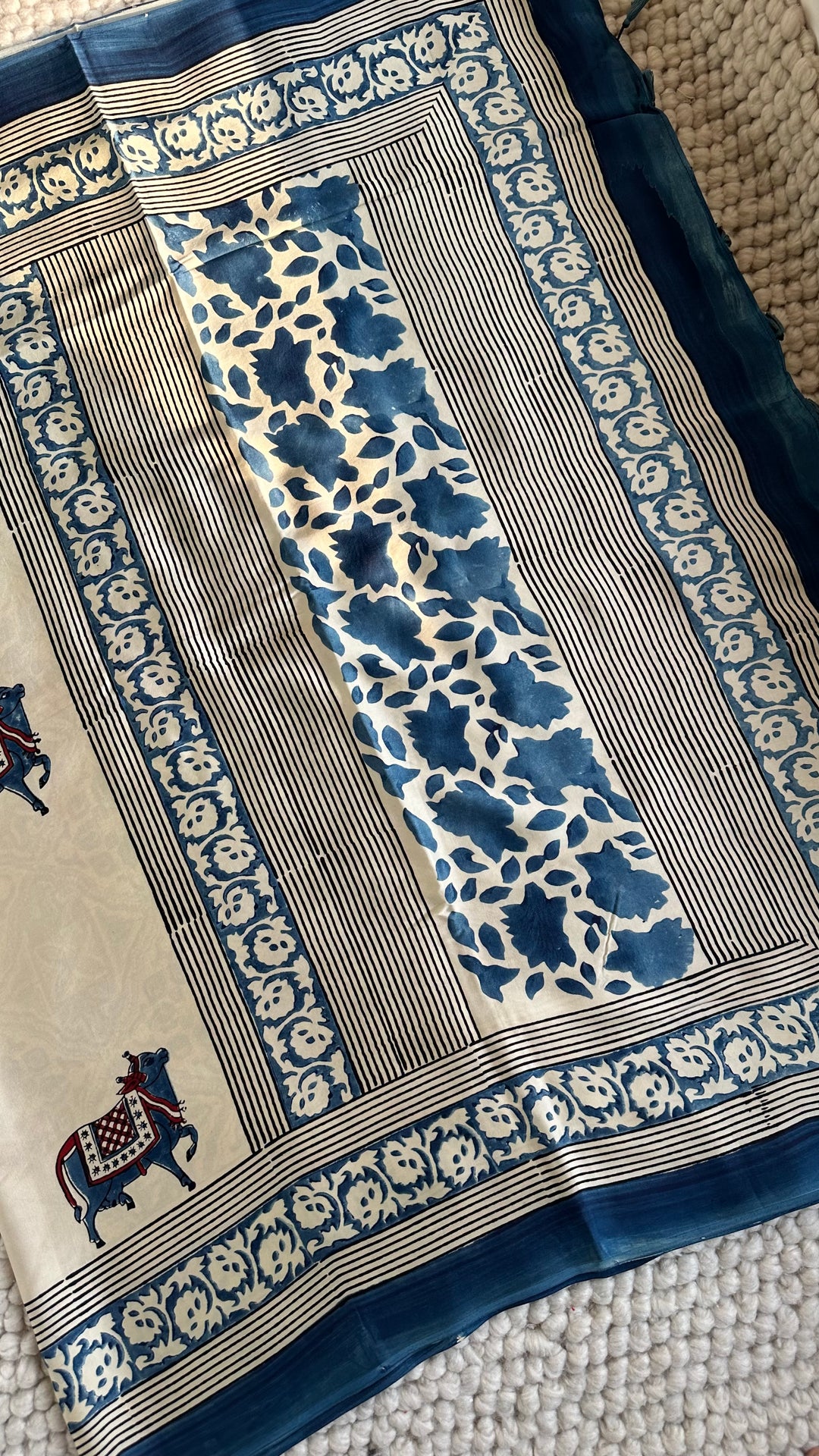 IVORY AND INDIGO PICHWAI  - AJRAKH HAND BLOCK PRINTED PREMIUM MODAL SILK SAREE (ONLY AVAILABLE ON PRE-ORDER - DISPATCH TIME IS 30-35 DAYS)