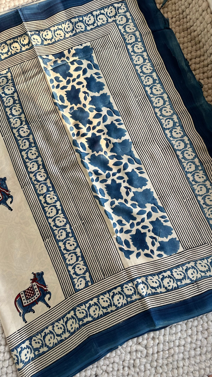 IVORY AND INDIGO PICHWAI  - AJRAKH HAND BLOCK PRINTED PREMIUM MODAL SILK SAREE (ONLY AVAILABLE ON PRE-ORDER - DISPATCH TIME IS 30-35 DAYS)