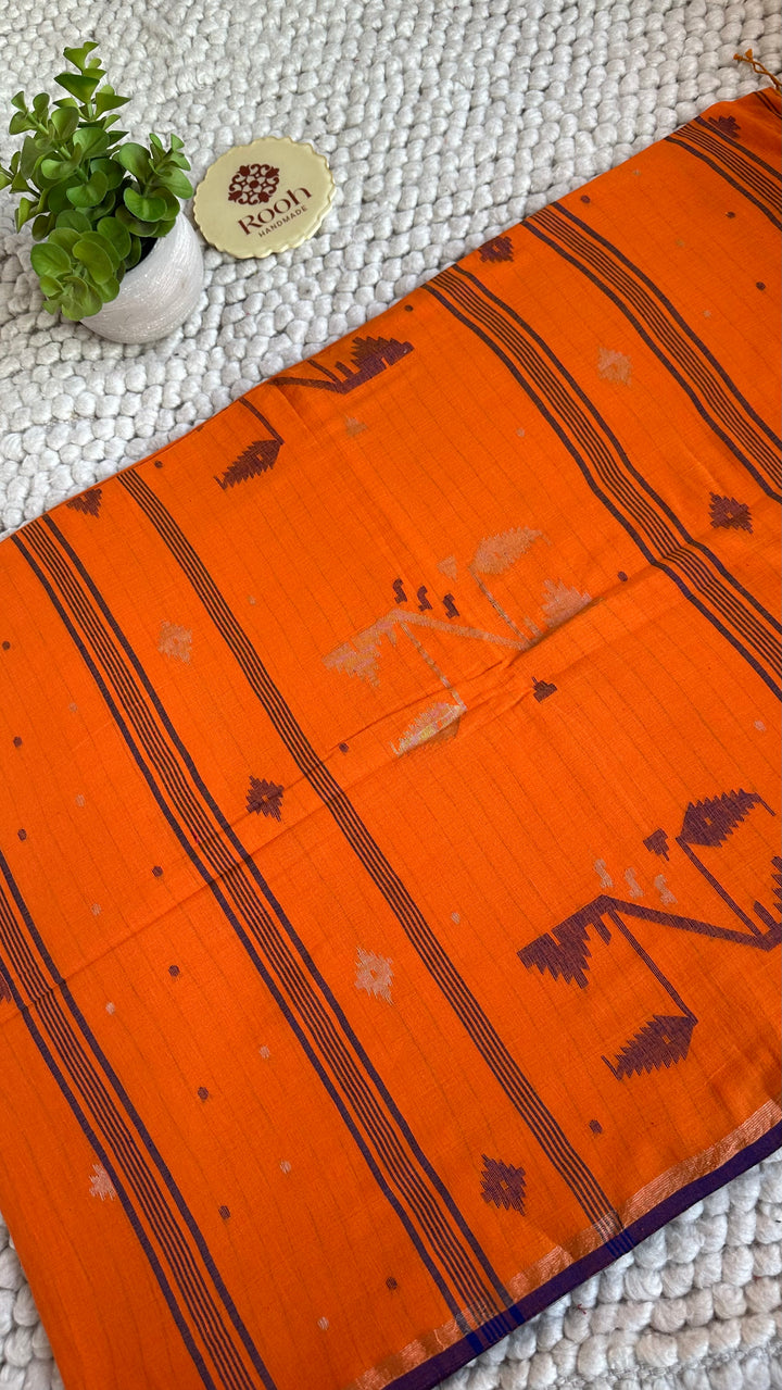 PREMIUM NEEDLE WORK JAMDANI HANDWOVEN AND HANDSPUN COTTON SAREE - SAFFRON ORANGE