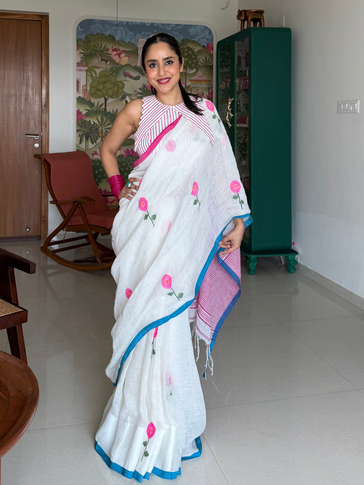 SUPER PREMIUM HANDWOVEN NEEDLE-WORK JAMDANI JAYASHREE LINEN SAREE - SUNFLOWERS ON IVORY