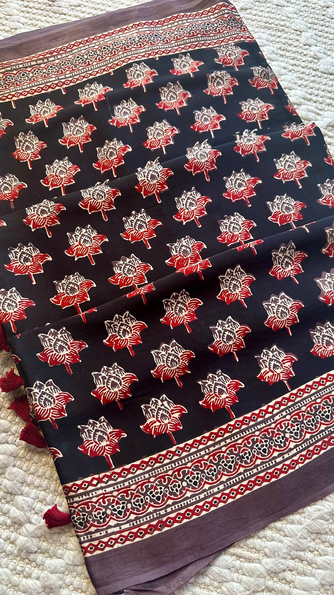 LOTUS BLOOMS 01 - SUPER PREMIUM & BUTTERY SOFT AJRAKH HAND BLOCK PRINTED MODAL SILK SAREE