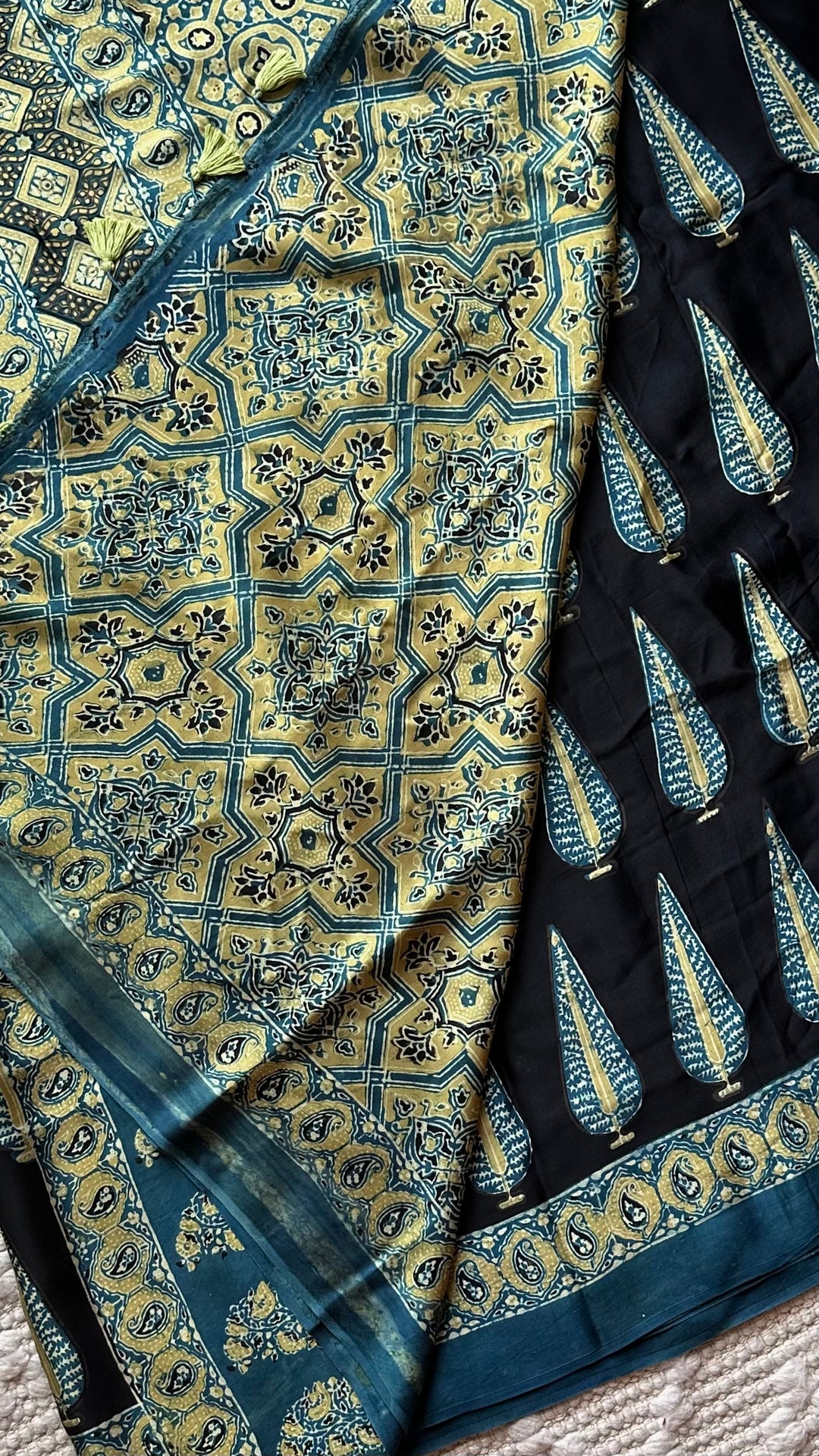 MIDNIGHT PINES - SUPER PREMIUM & BUTTERY SOFT AJRAKH HAND BLOCK PRINTED MODAL SILK SAREE