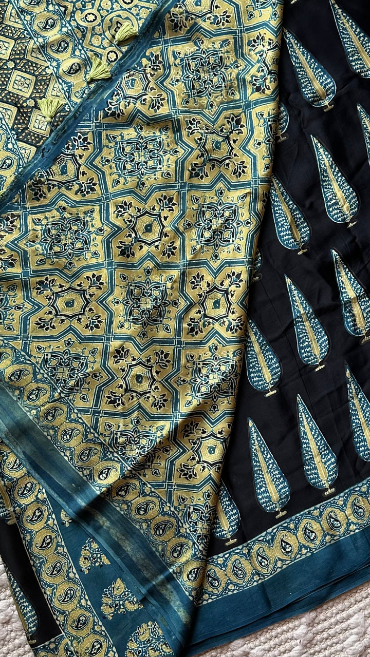 MIDNIGHT PINES - SUPER PREMIUM & BUTTERY SOFT AJRAKH HAND BLOCK PRINTED MODAL SILK SAREE