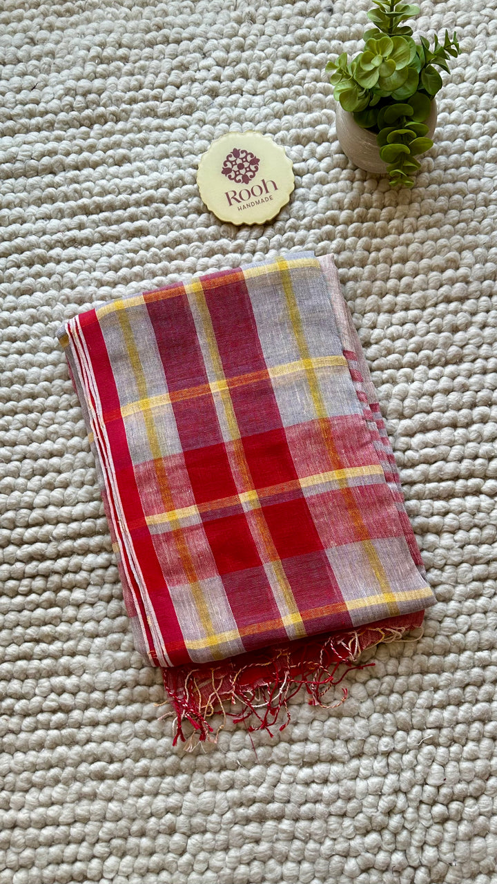 Multi Colour Checked Pure Handwoven Linen Saree - 003