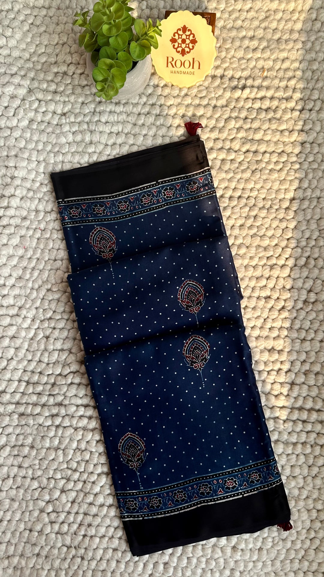 INDIGO BLOOMS - PREMIUM HALF AND HALF AJRAKH HAND BLOCK PRINTED PREMIUM MODAL SILK SAREE