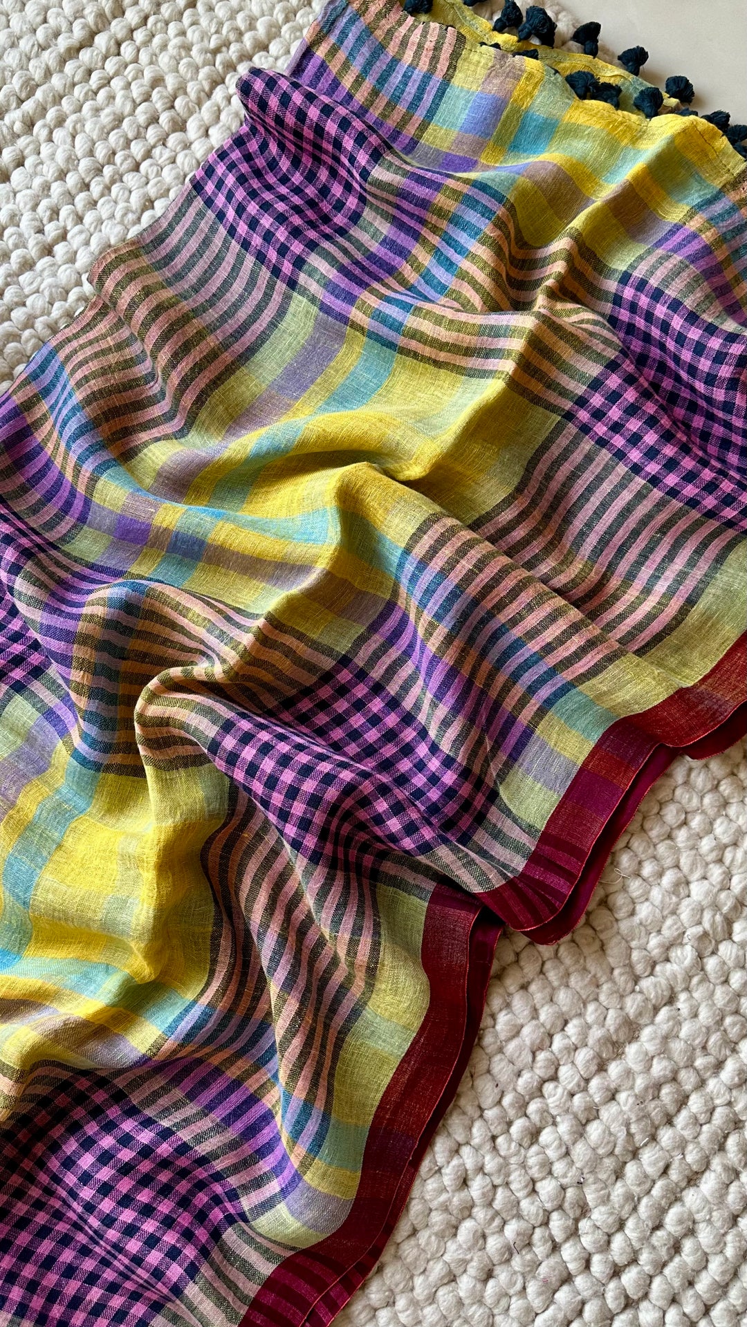 Multi Colour Checked Pure Handwoven Linen Saree - 009