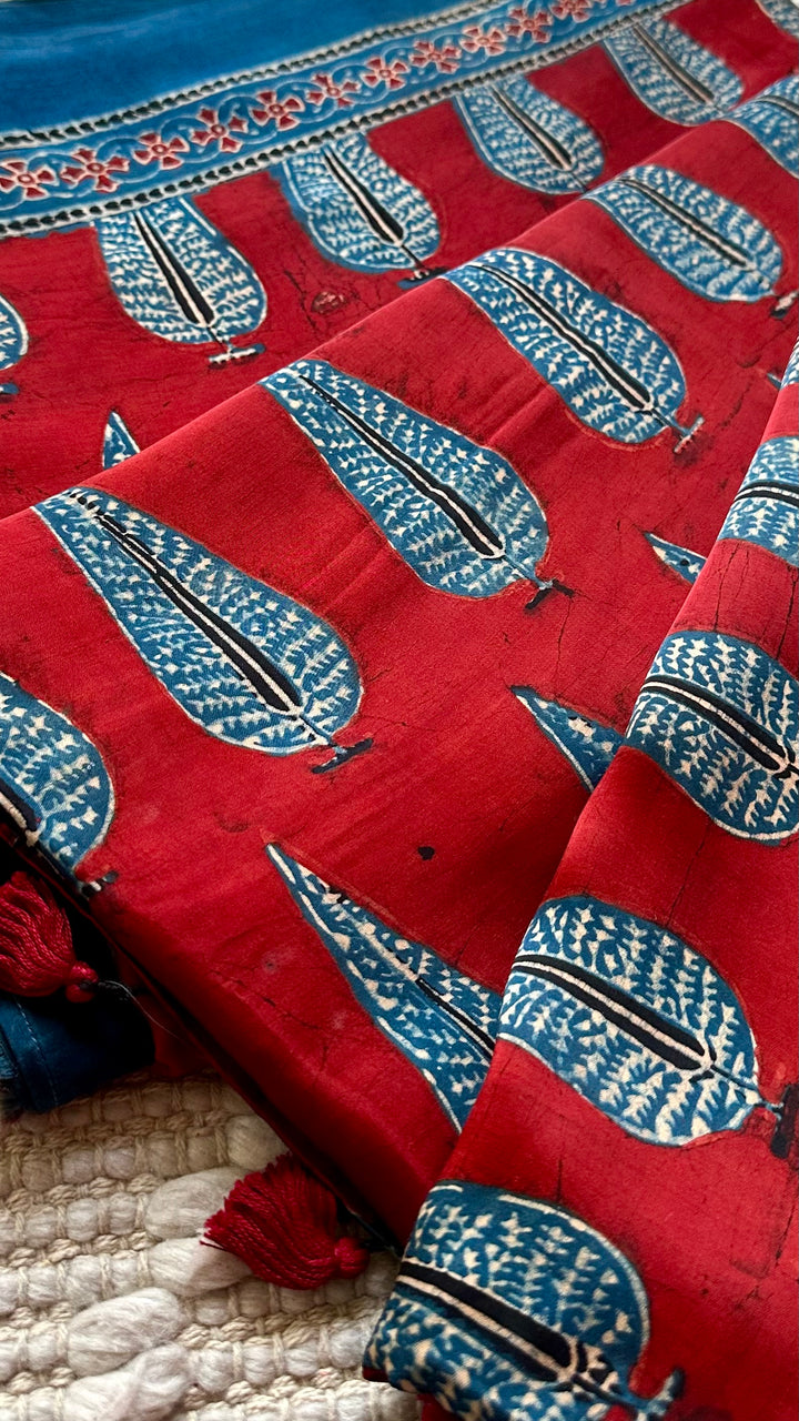MADDER PINES - SUPER PREMIUM & BUTTERY SOFT AJRAKH HAND BLOCK PRINTED MODAL SILK SAREE (DISPATCH TIME - 7 TO 10 DAYS)
