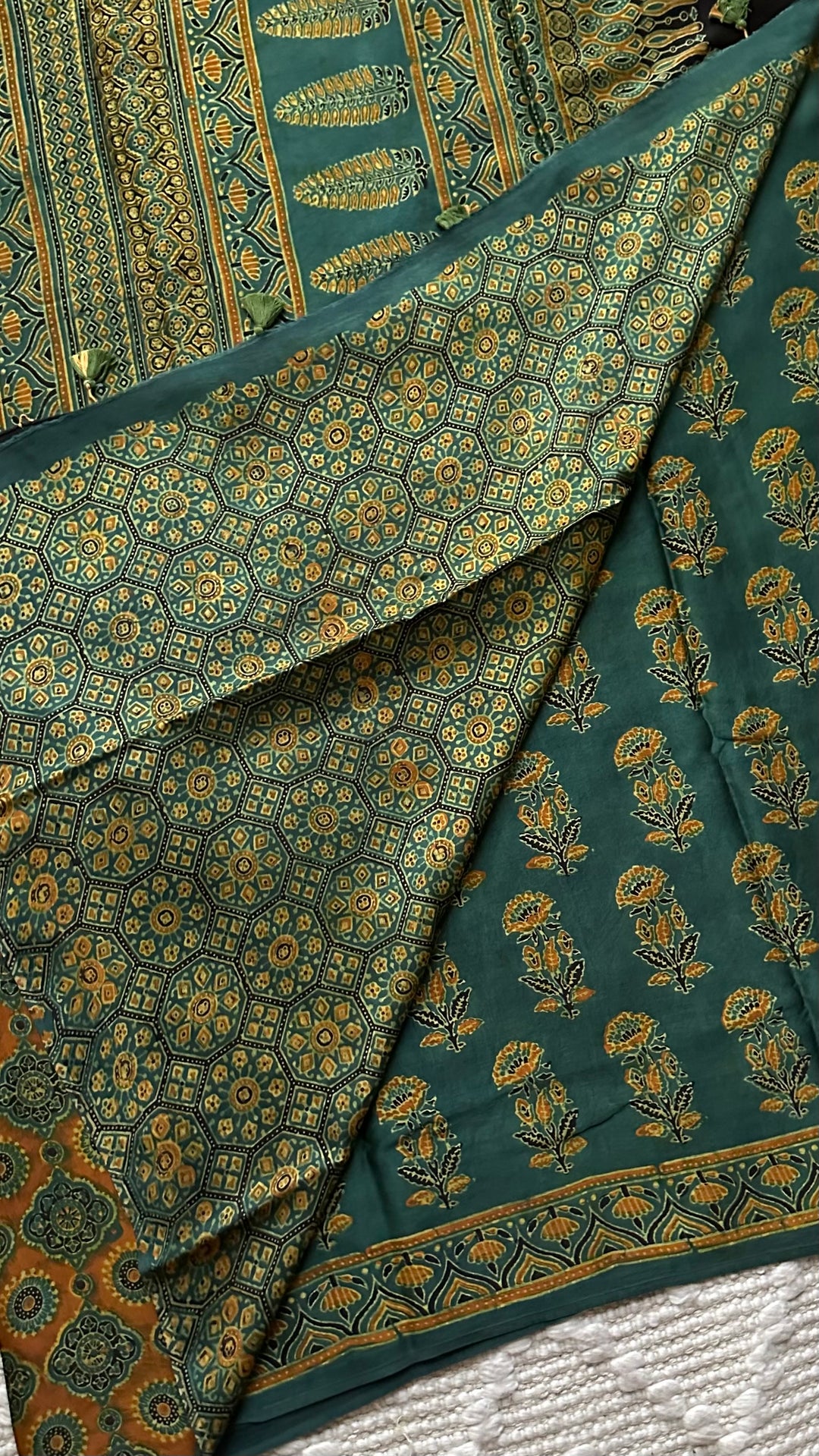 MAHIKA - DEEP GREEN PREMIUM AJRAKH HAND BLOCK PRINTED MODAL SILK SAREE