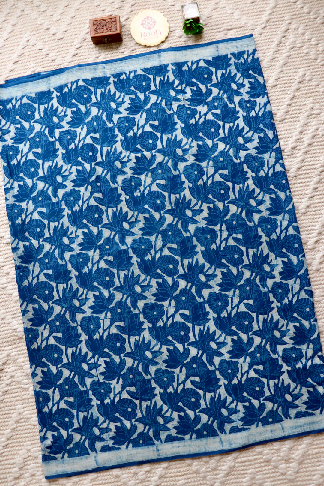AKOLA INDIGO HAND BLOCK DABU PRINTED SOFT MULMUL COTTON SAREE- 002