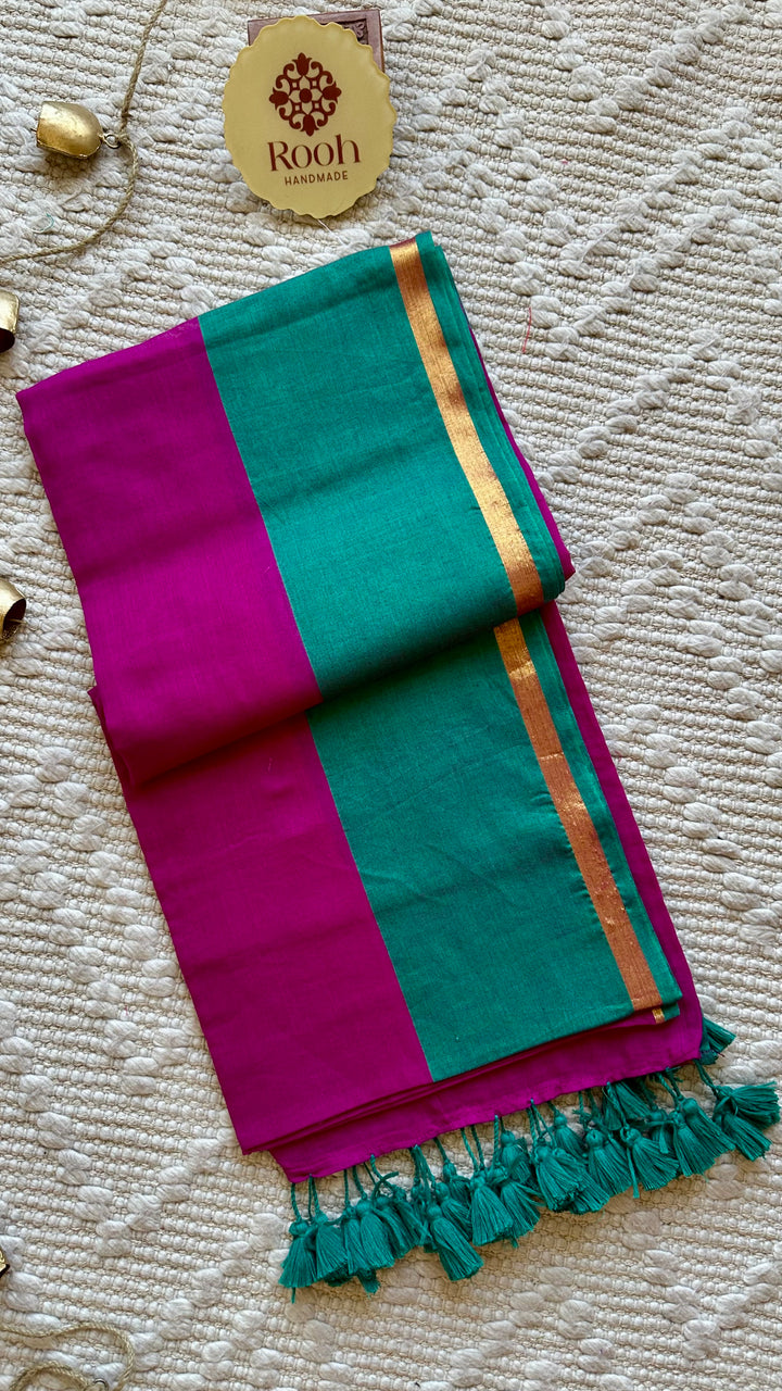 MAGENTA WITH CONTRAST TEAL GREEN  BORDER-  SUPER SOFT MUL COTTON SAREE