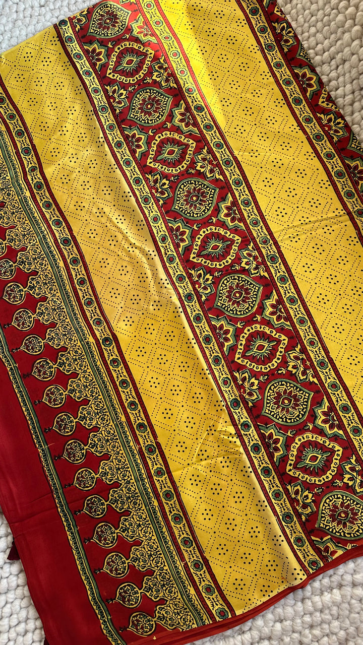 SUNSET BLOOMS - AJRAKH HAND BLOCK PRINTED PREMIUM MODAL SILK SAREE
