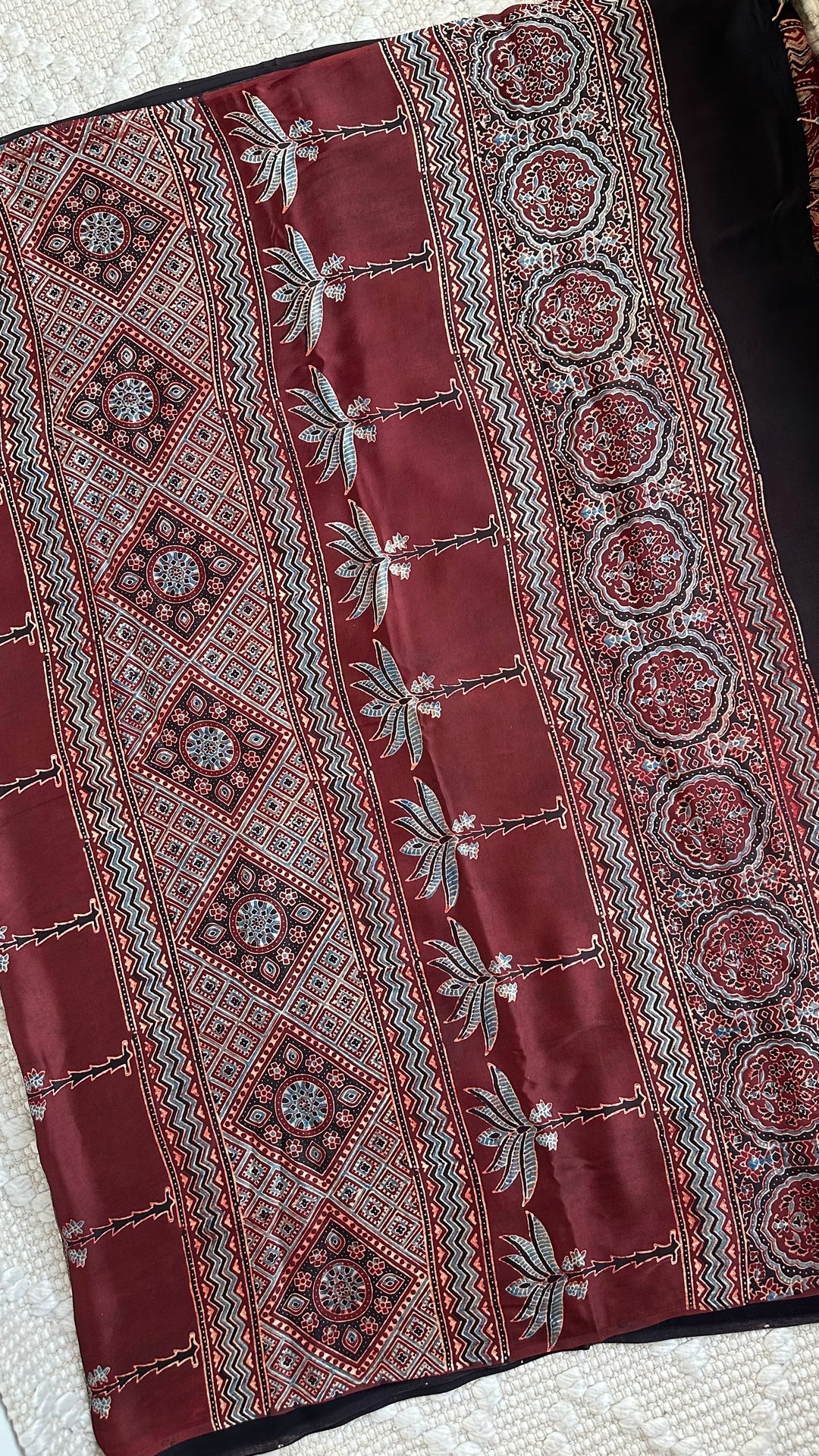 AARVI - PREMIUM AJRAKH HAND BLOCK PRINTED MODAL SILK SAREE