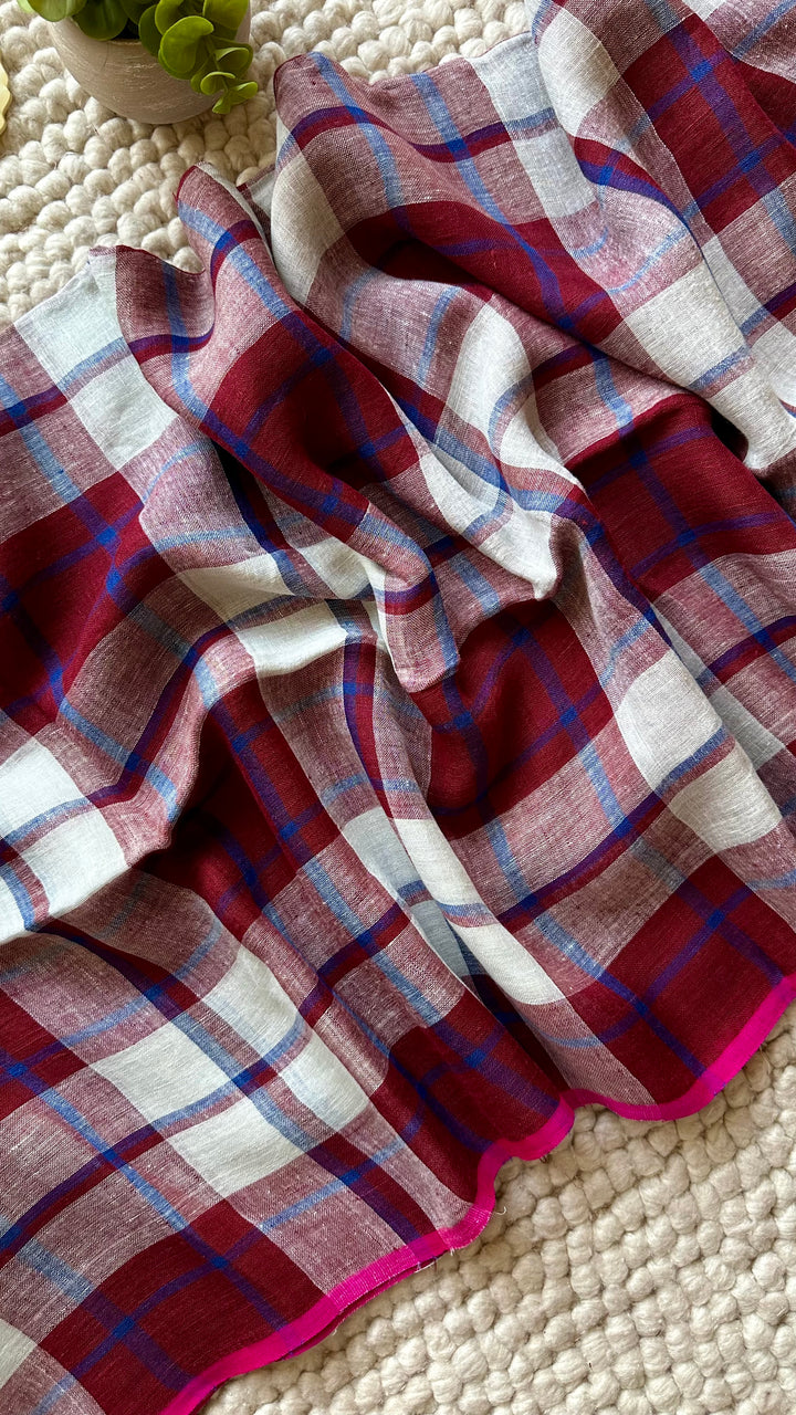 Multi Colour Checked Pure Handwoven Linen Saree - 007