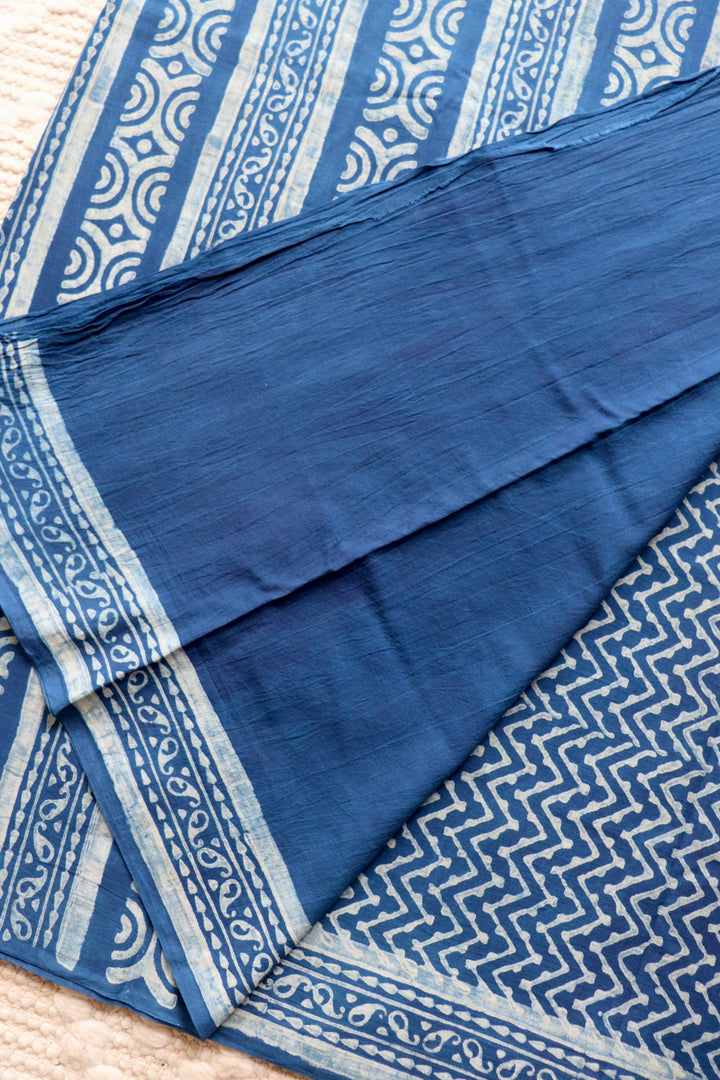 AKOLA INDIGO HAND BLOCK DABU PRINTED SOFT MULMUL COTTON SAREE- 023
