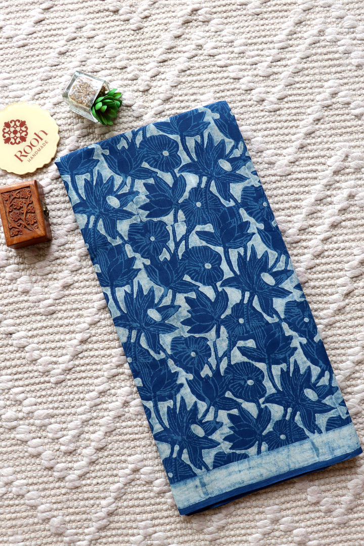 AKOLA INDIGO HAND BLOCK DABU PRINTED SOFT MULMUL COTTON SAREE- 002