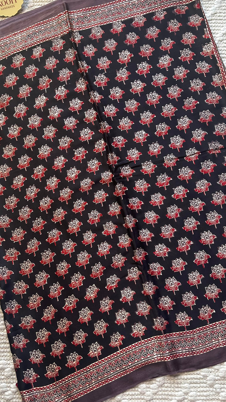 LOTUS BLOOMS 01 - SUPER PREMIUM & BUTTERY SOFT AJRAKH HAND BLOCK PRINTED MODAL SILK SAREE