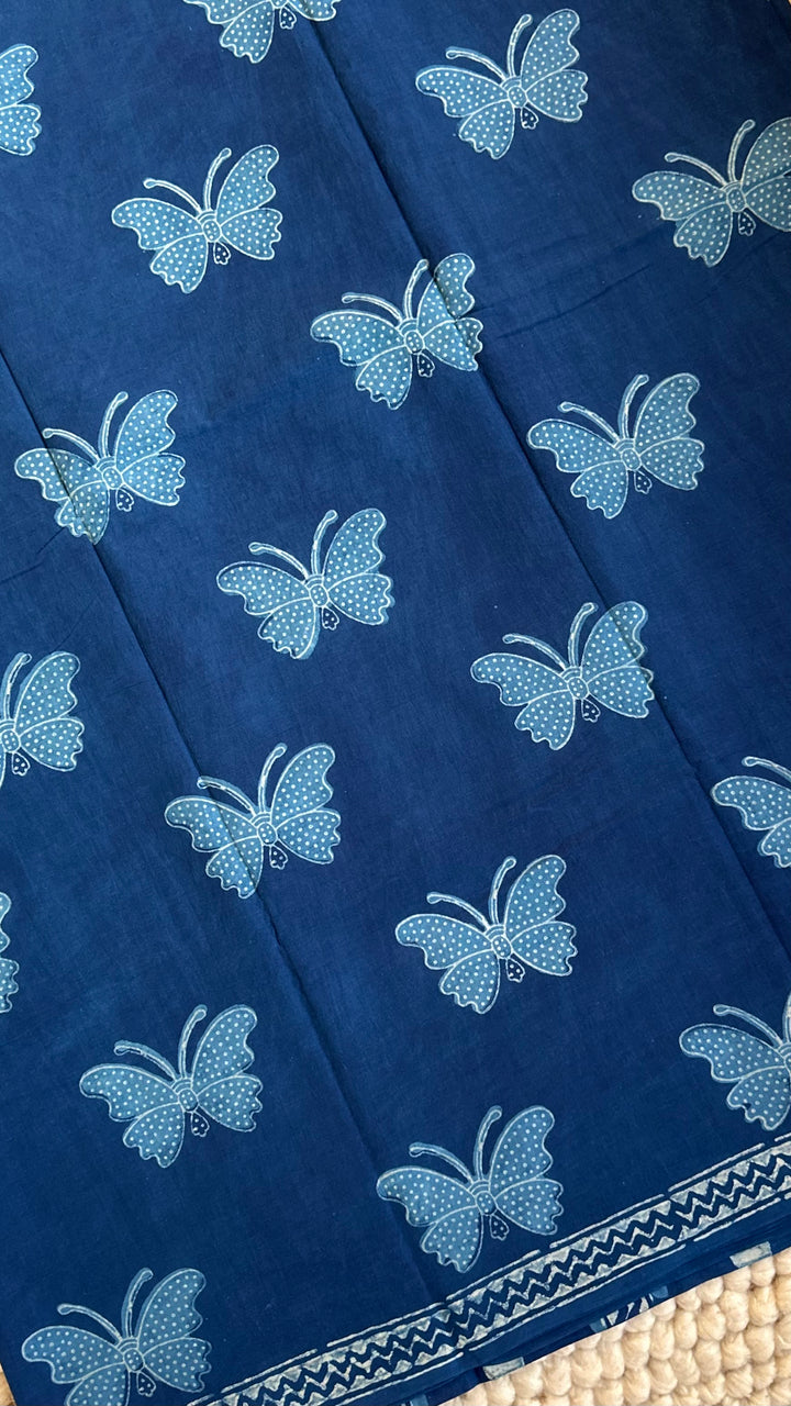 AKOLA INDIGO HAND BLOCK DABU PRINTED SOFT MULMUL COTTON SAREE- 025