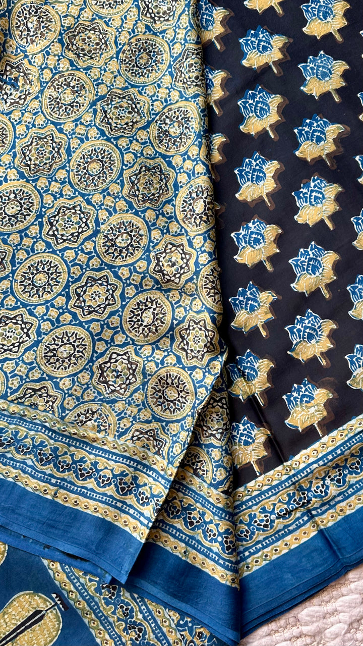 LOTUS BLOOMS 02 - SUPER PREMIUM & BUTTERY SOFT AJRAKH HAND BLOCK PRINTED MODAL SILK SAREE