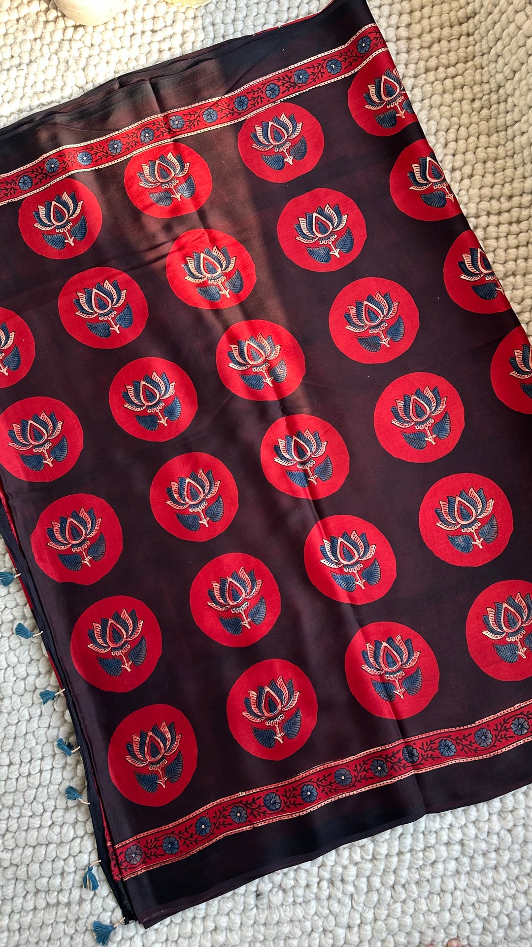 POLKA LOTUS - AJRAKH HAND BLOCK PRINTED PREMIUM MODAL SILK SAREE (ONLY AVAILABLE ON PRE-ORDER - DISPATCH TIME IS 30-35 DAYS)