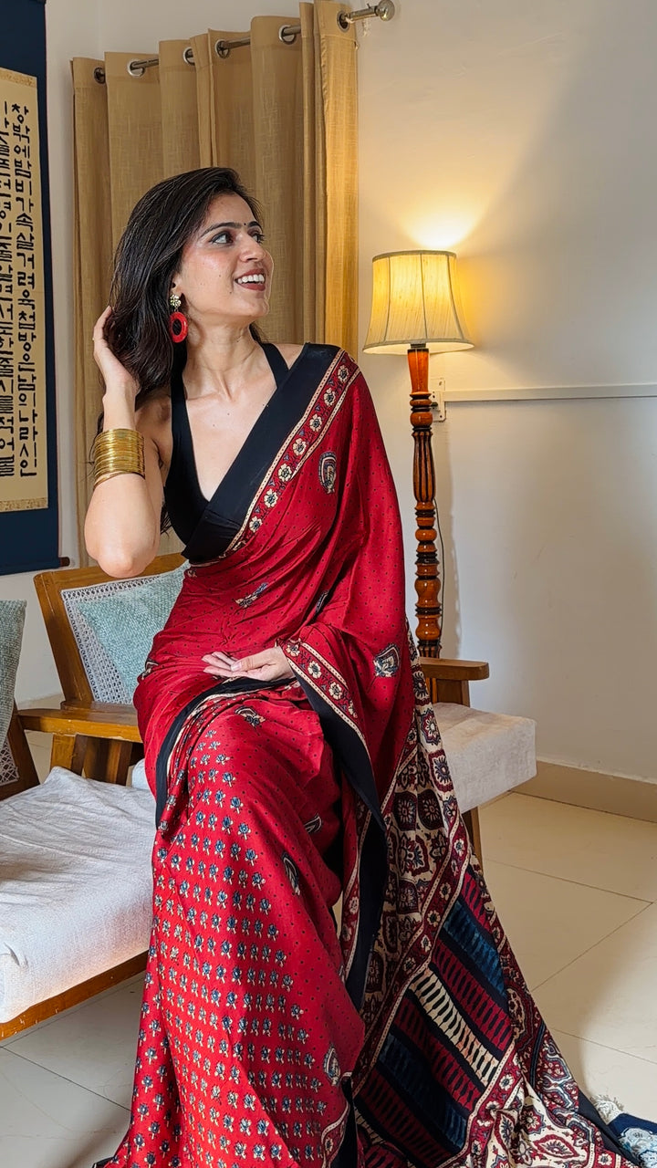 MADDER RED BLOOMS - PREMIUM HALF AND HALF AJRAKH HAND BLOCK PRINTED PREMIUM MODAL SILK SAREE