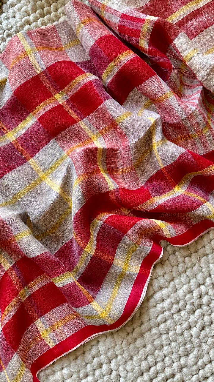 Multi Colour Checked Pure Handwoven Linen Saree - 003