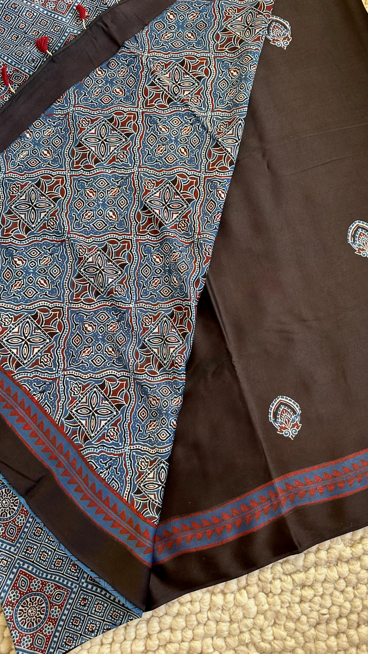 MIDNIGHT BLACK CHARMS  - AJRAKH HAND BLOCK PRINTED PREMIUM MODAL SILK SAREE