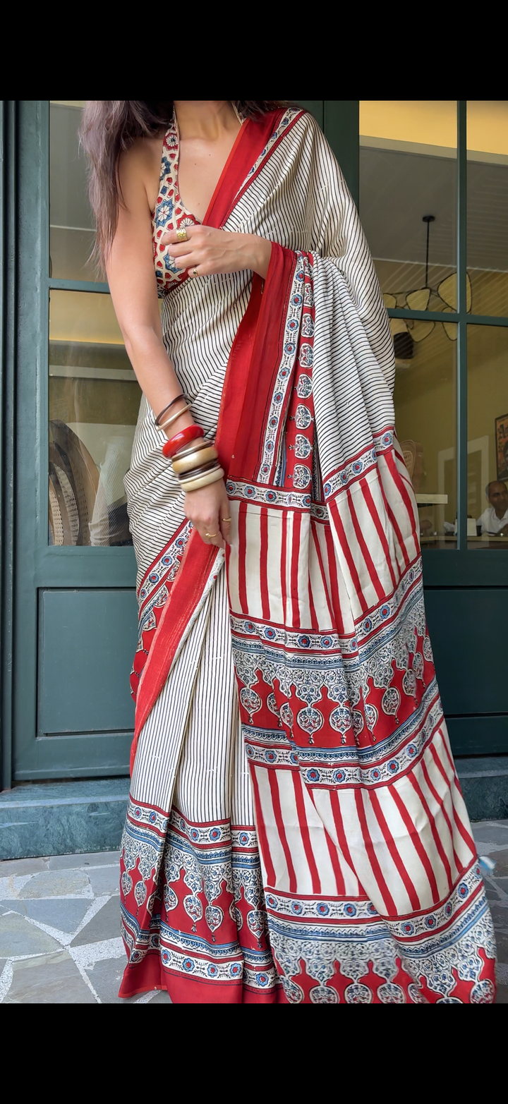 THE CLASSIC STRIPES - AJRAKH HAND BLOCK PRINTED MODAL SILK SAREE (ONLY AVAILABLE ON PRE-ORDER - DISPATCH TIME IS 30-35 DAYS)