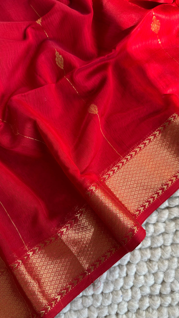 VERMILLION RED - SUPER PREMIUM HANDWOVEN MAHESHWARI PURE SILK COTTON SAREE