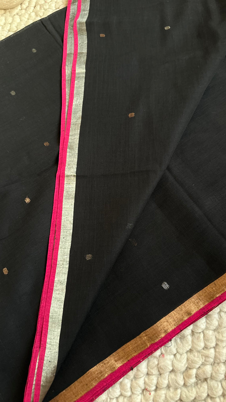PREMIUM NEEDLE WORK JAMDANI HANDWOVEN AND HANDSPUN COTTON SAREE - CHARCOAL BLACK