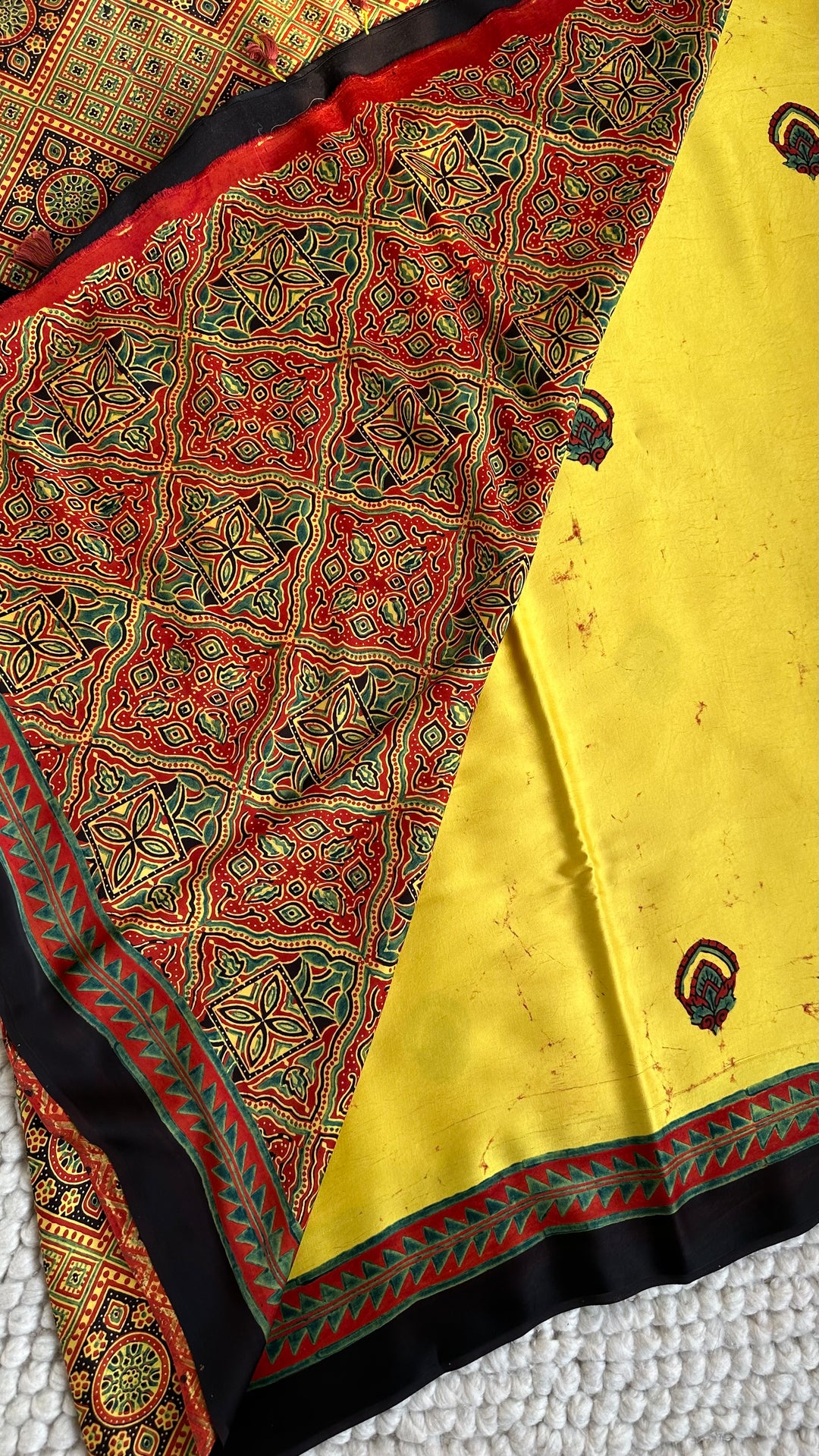YELLOW CHARMS - AJRAKH HAND BLOCK MARBLE PRINTED PREMIUM MODAL SILK SAREE  (ONLY AVAILABLE ON PRE-ORDER - DISPATCH TIME IS 30-35 DAYS)